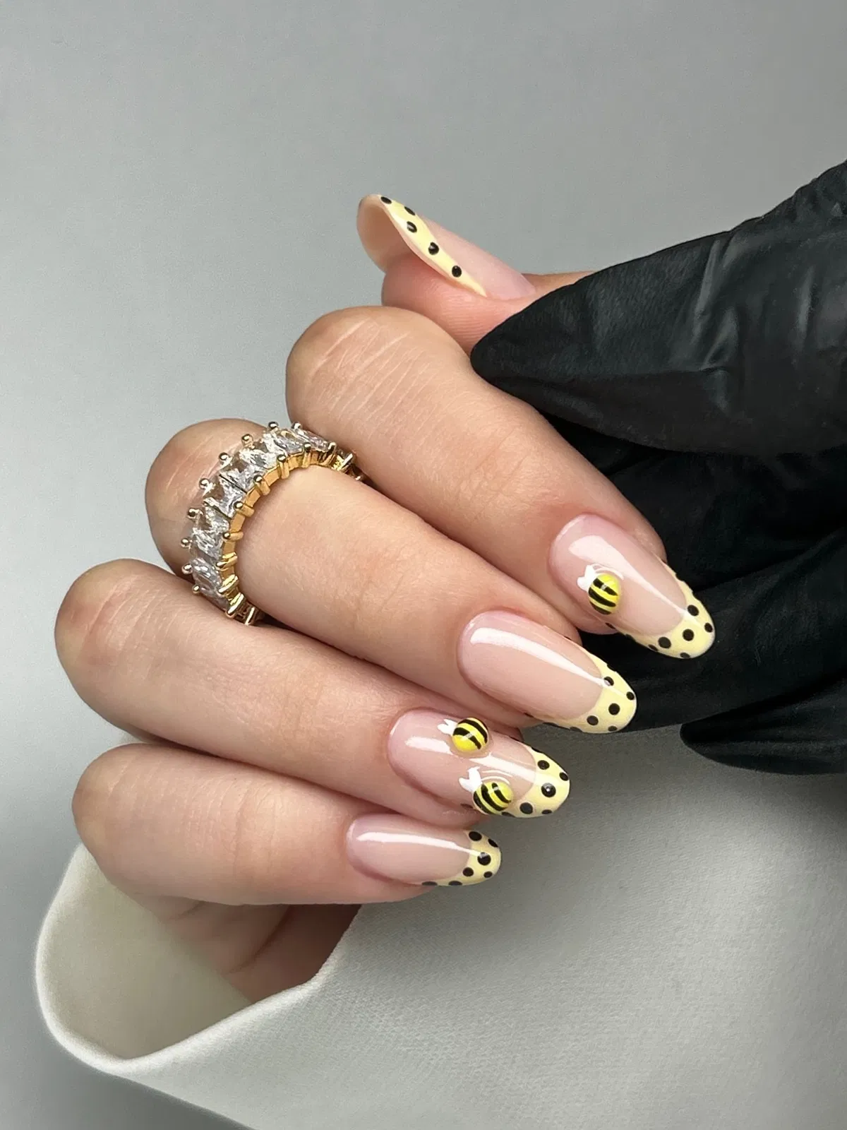 Bee Accent Nails with Yellow Polka-Dot French Tips