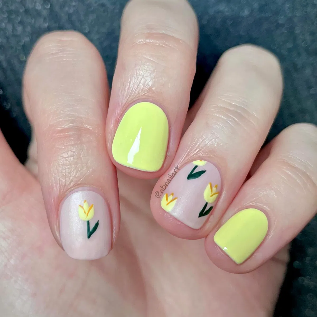 Neon Yellow-Green Solids with Tiny Yellow Flower Nail Art