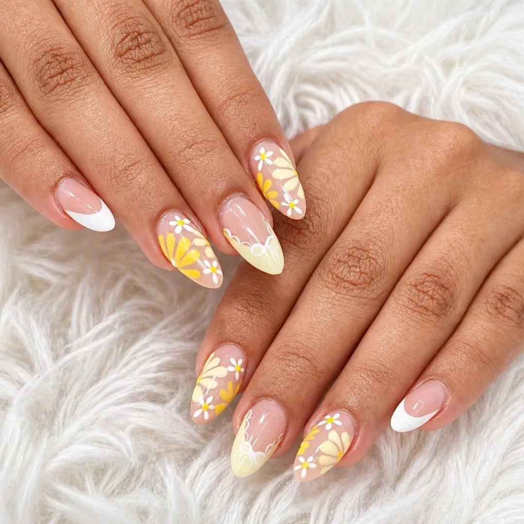 White and Light Yellow French Tips with Daisy and Petal Motifs