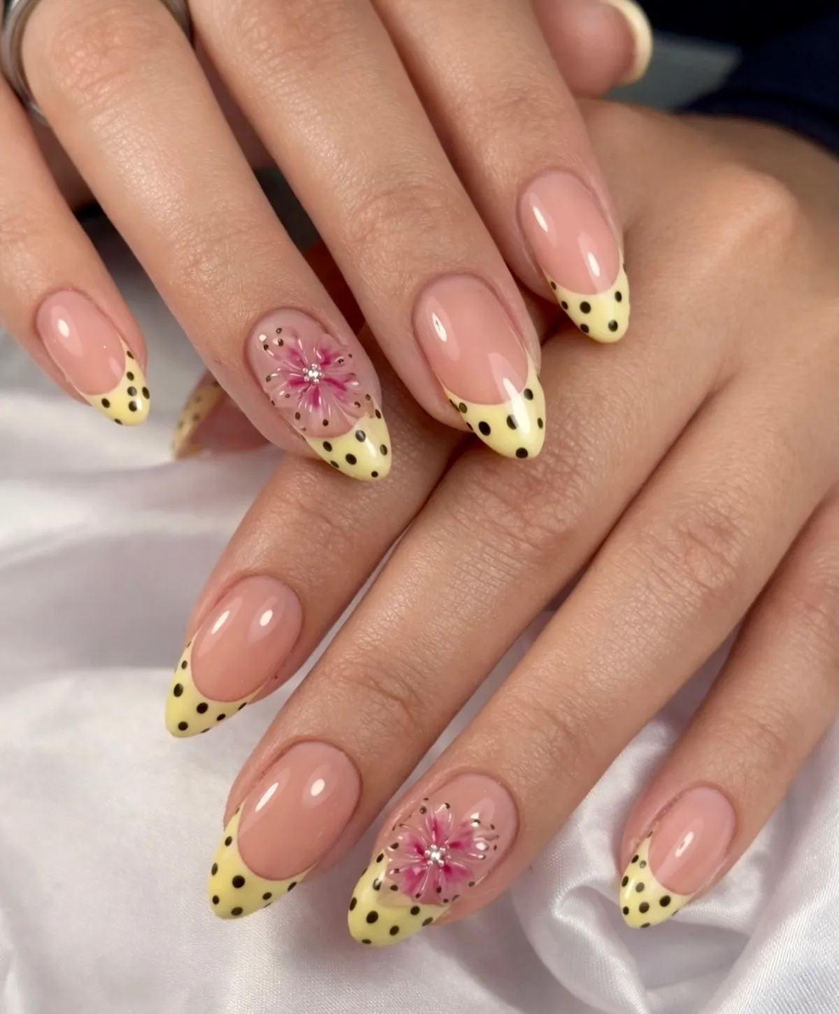 Yellow Polka-Dot French Tips with Pink Floral Accents