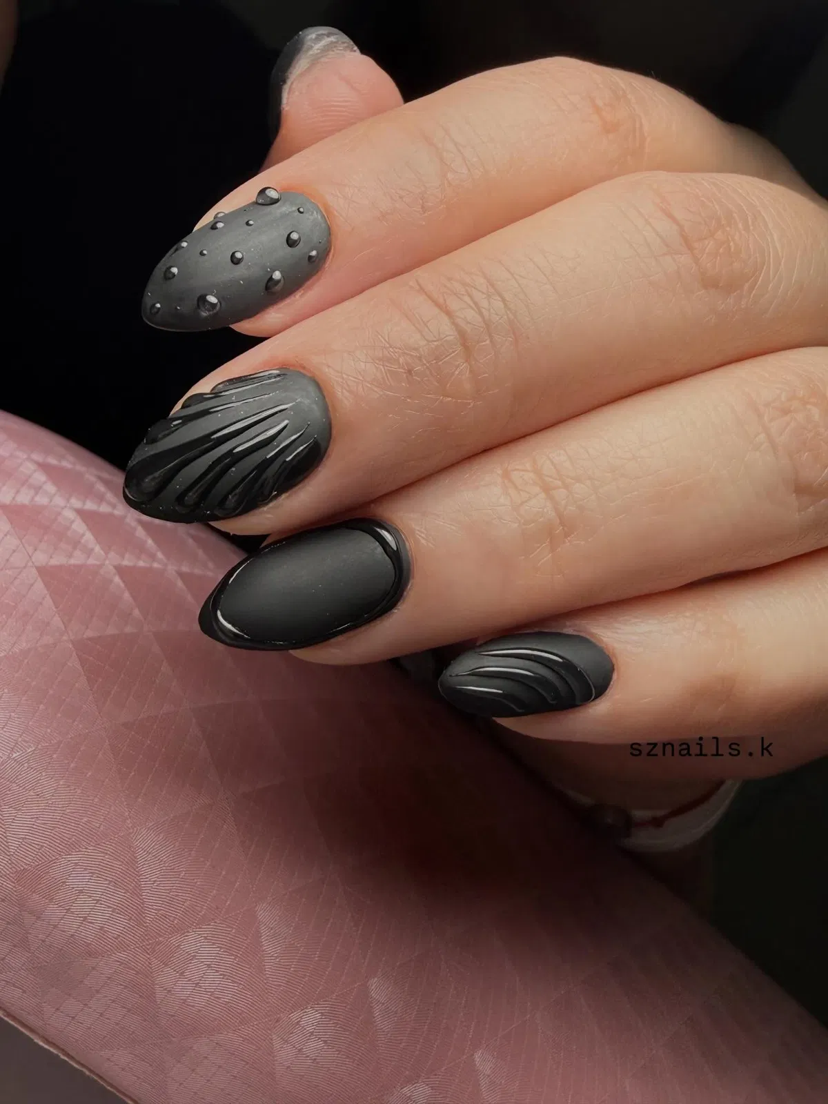 Matte Black Nails with Glossy Raised Details