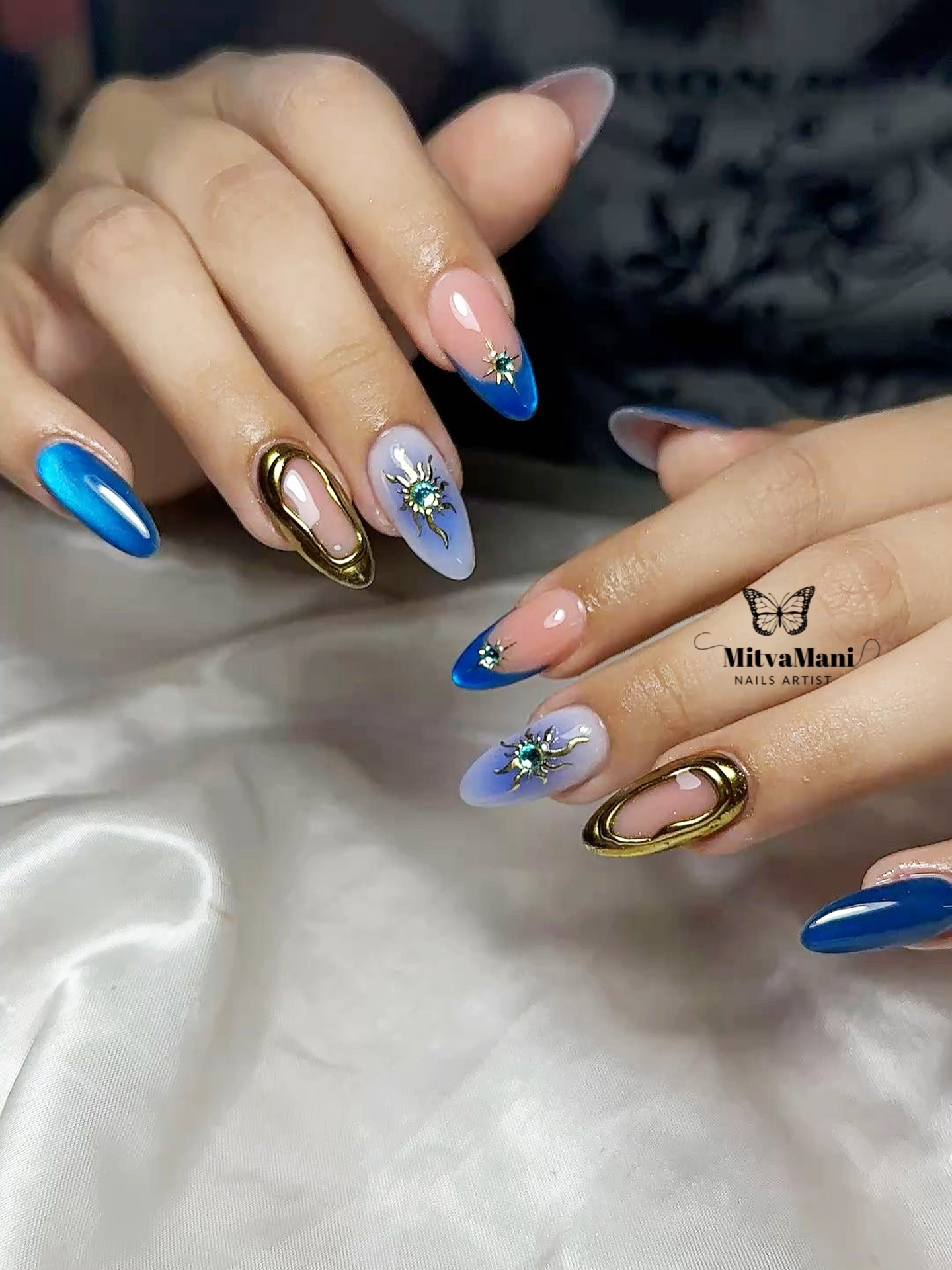Bright blue solids with gold-framed accents