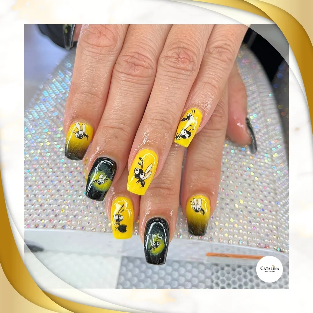 Yellow and Black Bee Nail Art