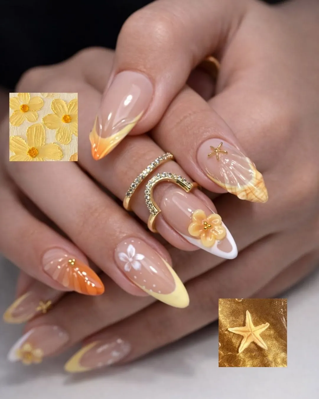 Yellow–Orange Tips with Starfish and Flower Accents