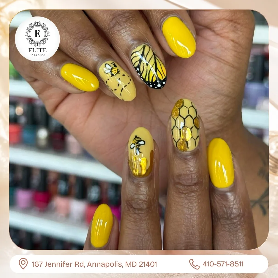 Bright Yellow Nails with Bee and Honeycomb Art