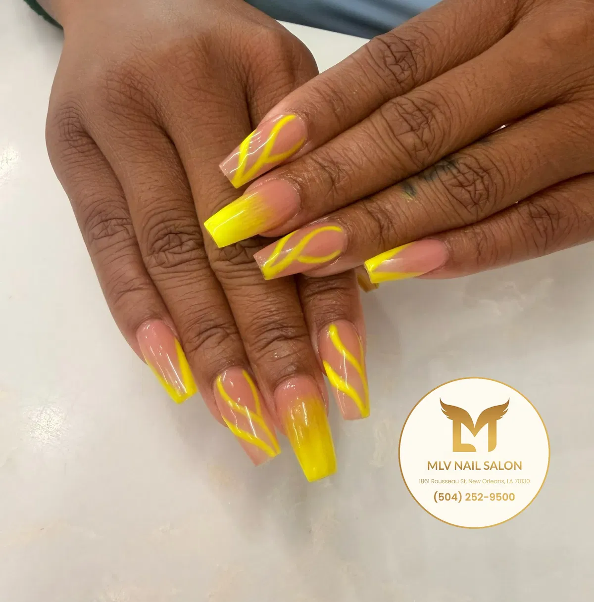 Neon Yellow Ombré and Curved Line Nail Art