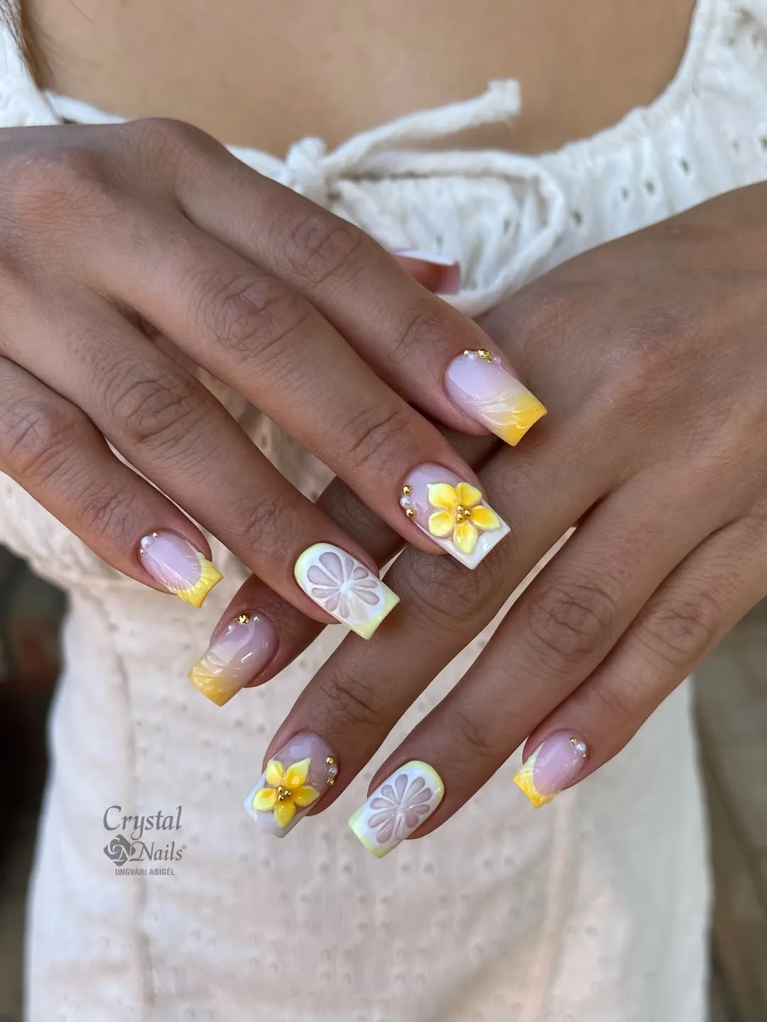 Yellow Gradient Tips with Citrus Slice and Flower Accents