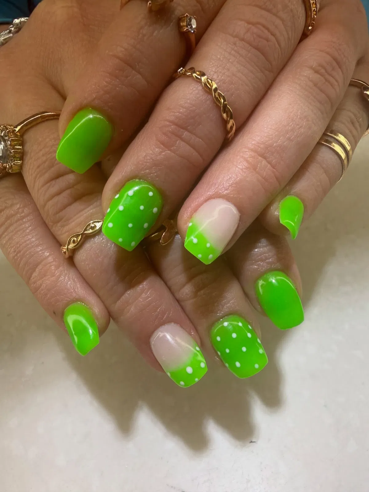 Square neon green with dotted gradient accents