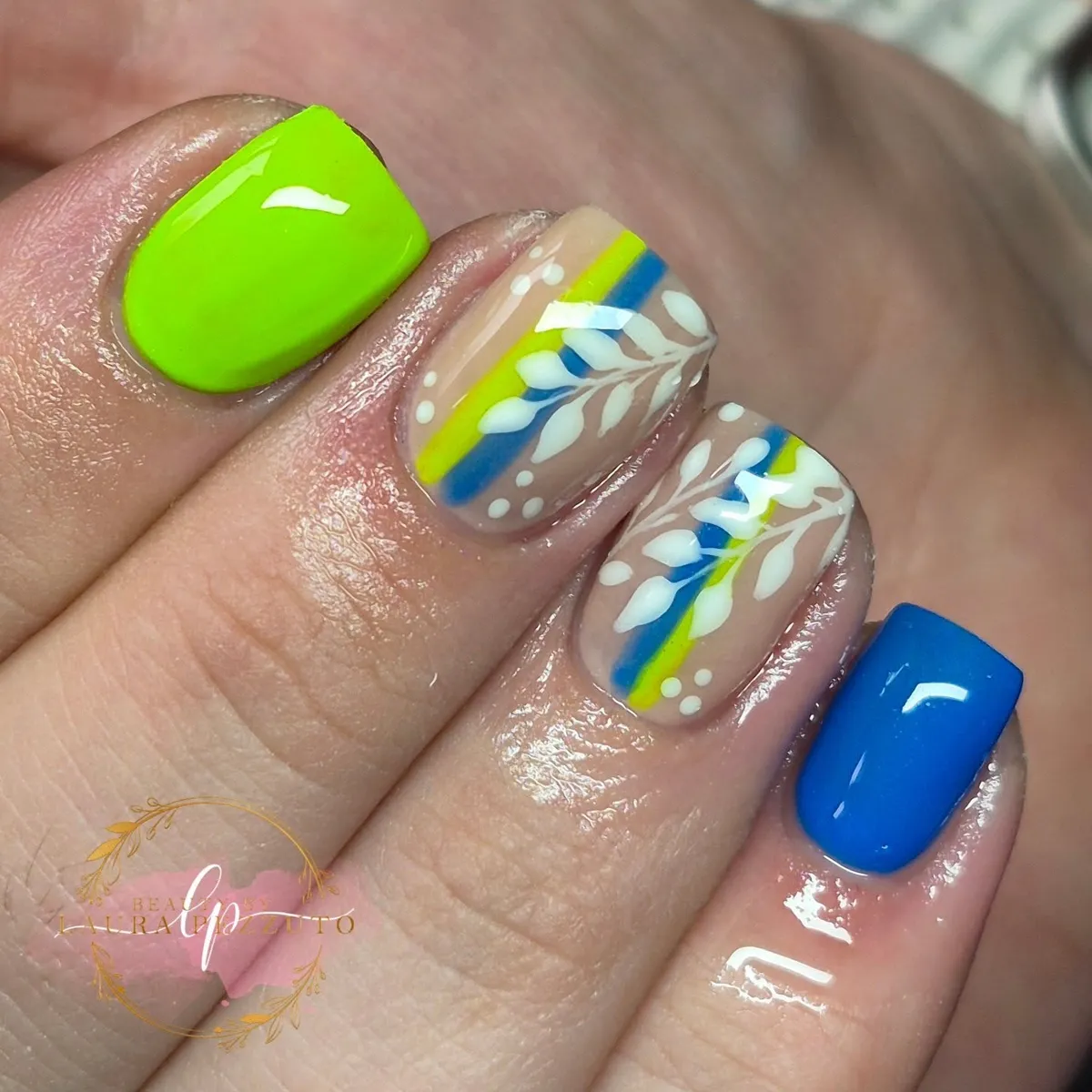Neon green with blue stripe-and-leaf accents