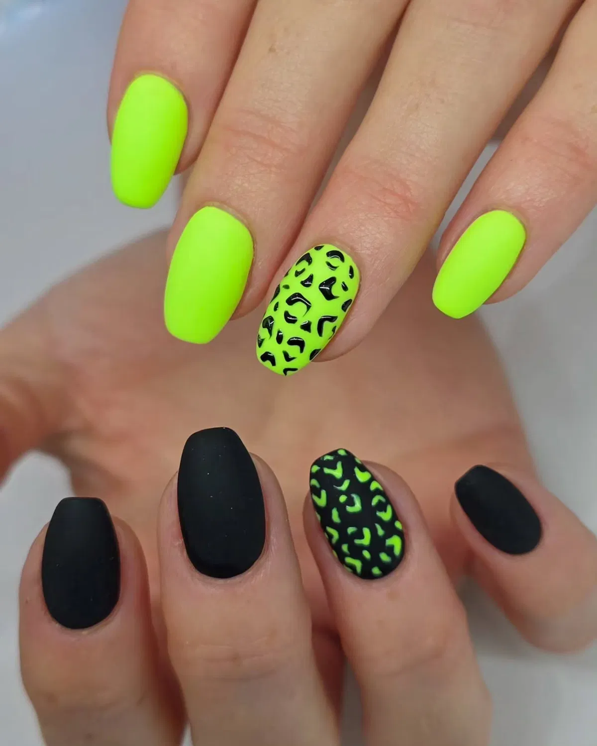 Neon green with black spotted accent