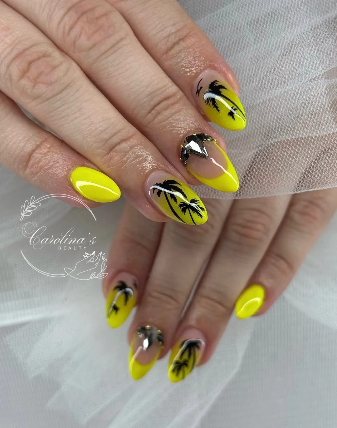 Neon Yellow With Black Palm Silhouettes and Gem Accent