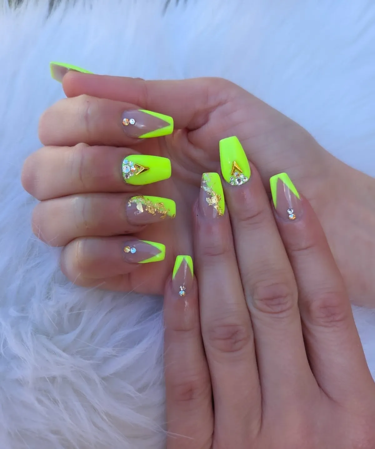 Neon Yellow V-French With Rhinestones and Gold Accents