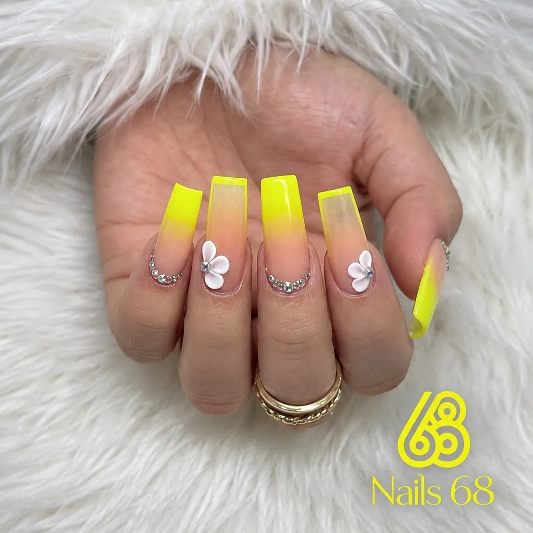 Neon Yellow Ombre With Rhinestone Curves and White Flowers