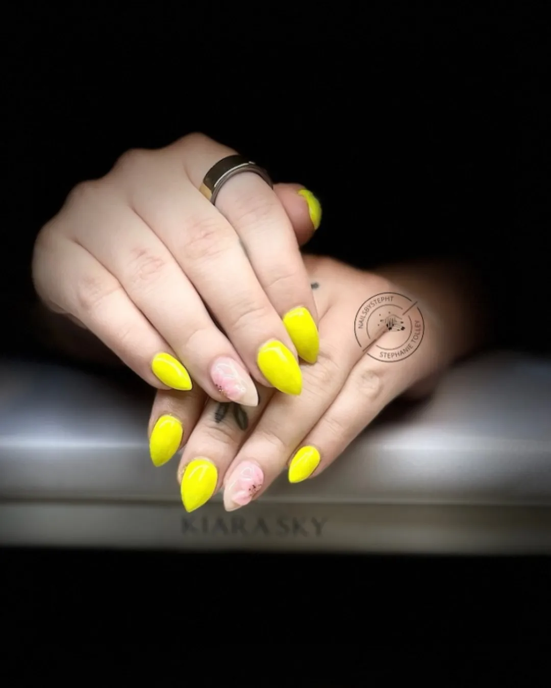 Glossy Neon Yellow With Soft Pink Floral Accent Nails (Alternate View)