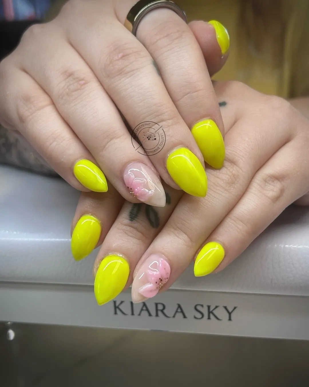 Glossy Neon Yellow With Soft Pink Floral Accent Nails