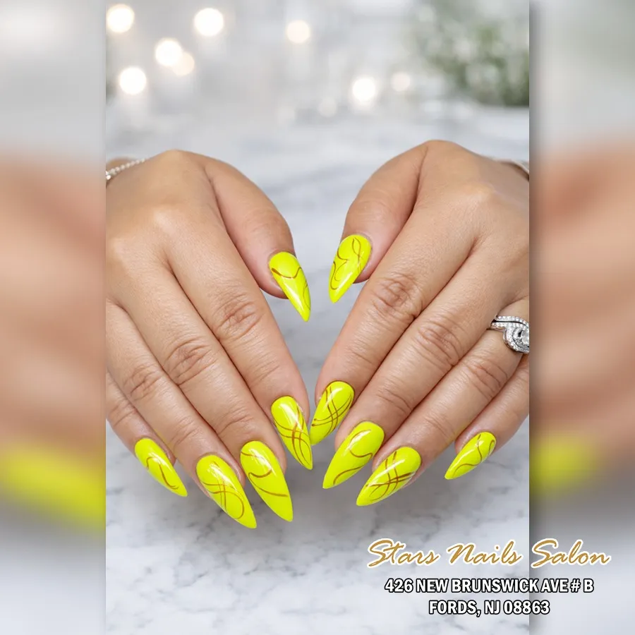Neon Yellow Stiletto Nails With Looping Line Art