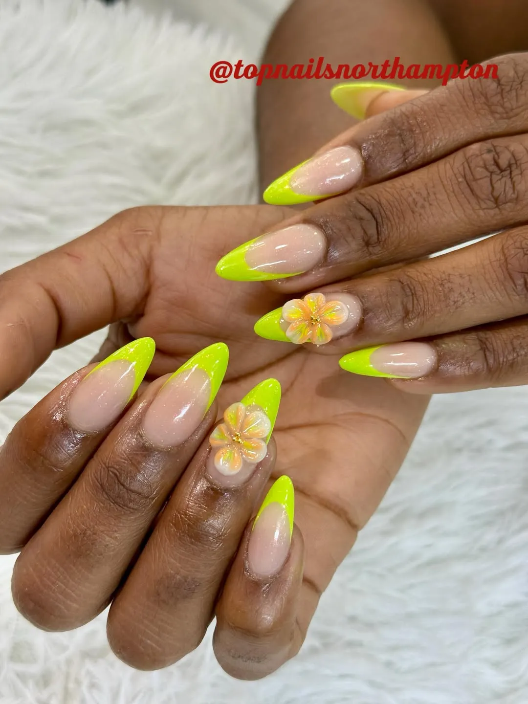 Neon Yellow French Tips With 3D Floral Accents