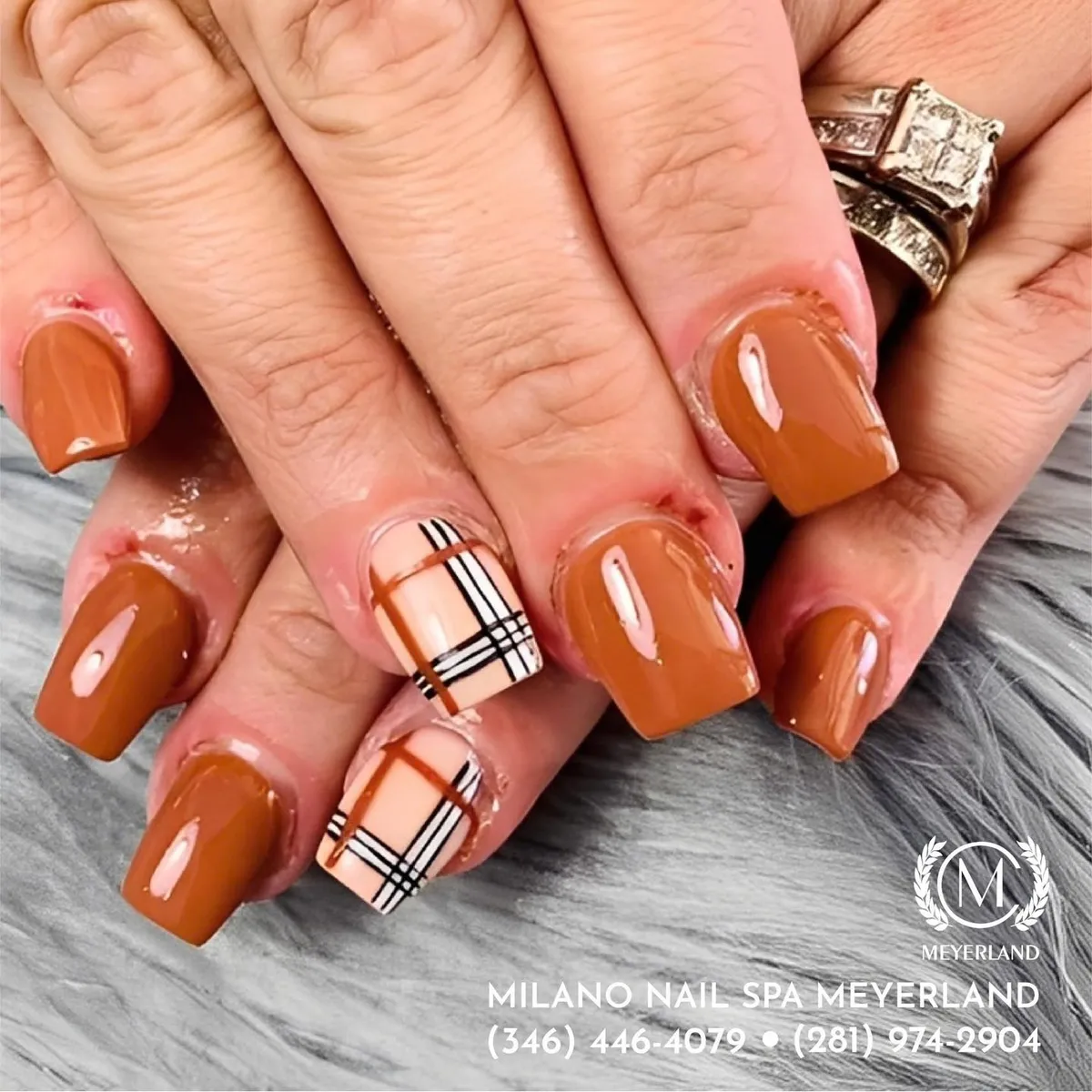 Burnt orange solids with black-and-white plaid accents