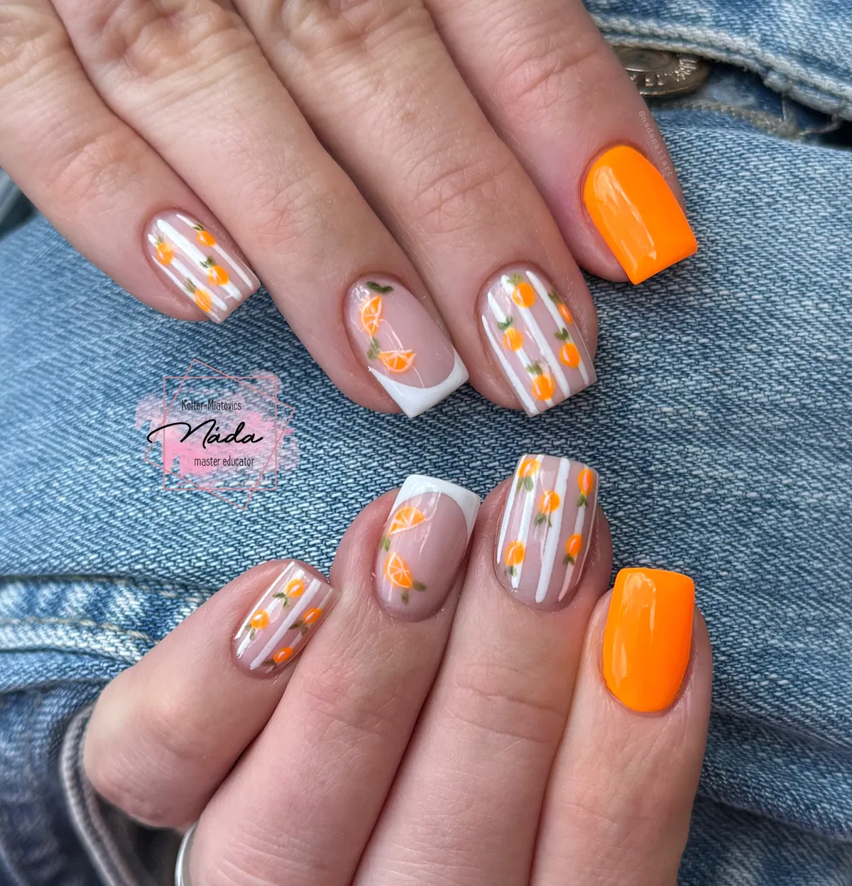 Bright orange solids with striped fruit-pattern accents