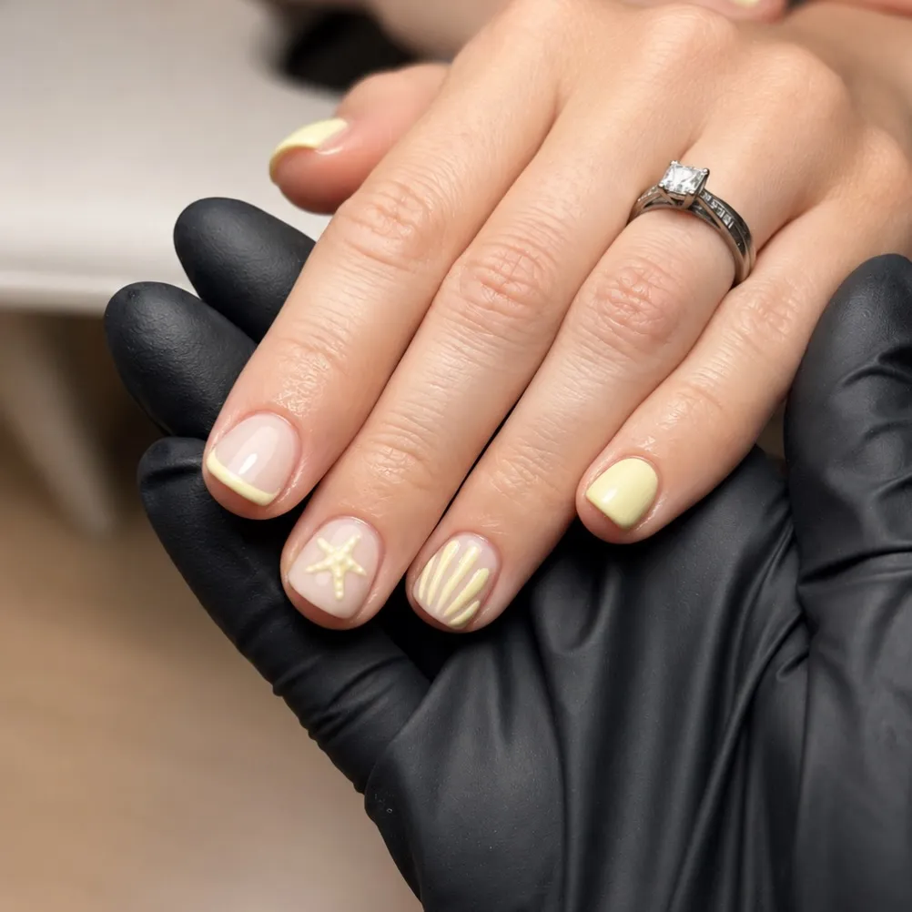 Short pale yellow accents with raised starfish and stripes