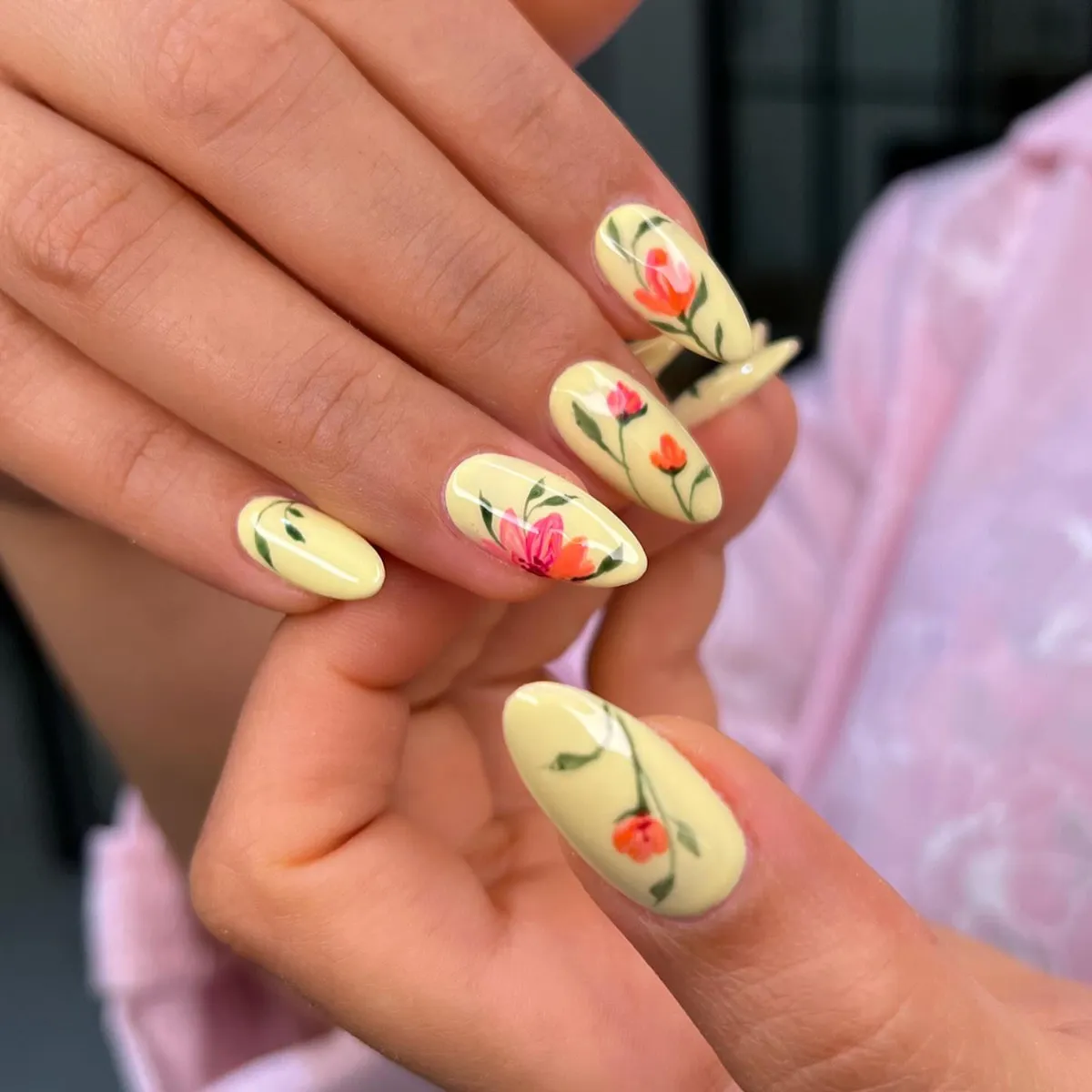 Pale yellow base with colorful floral painting