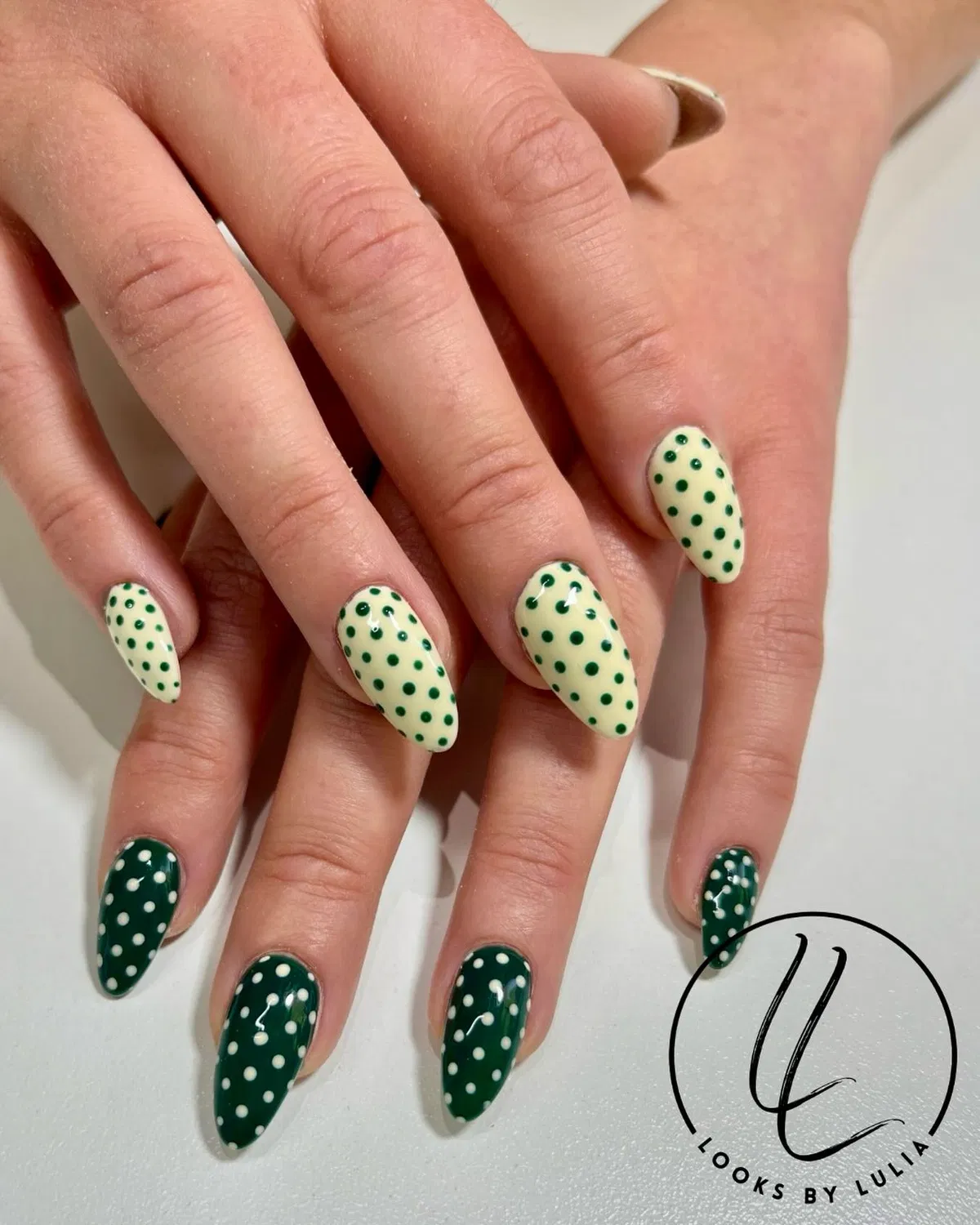Pale yellow and green polka-dot mix