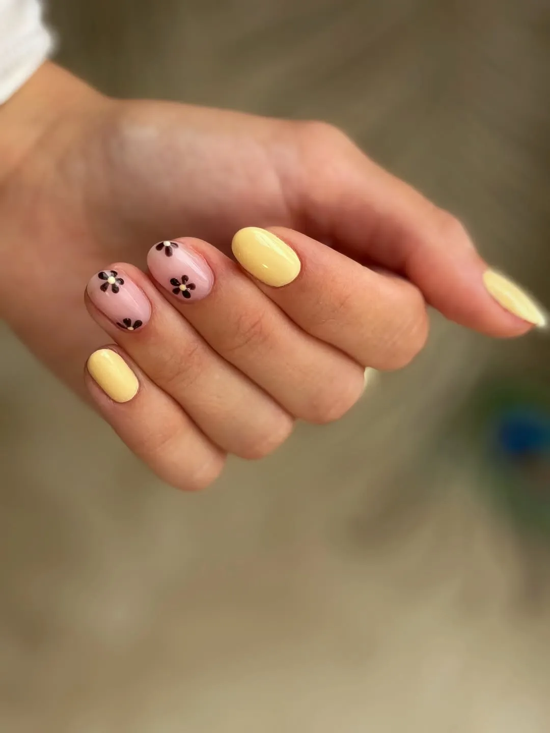 Pale yellow solids paired with small dark floral motifs