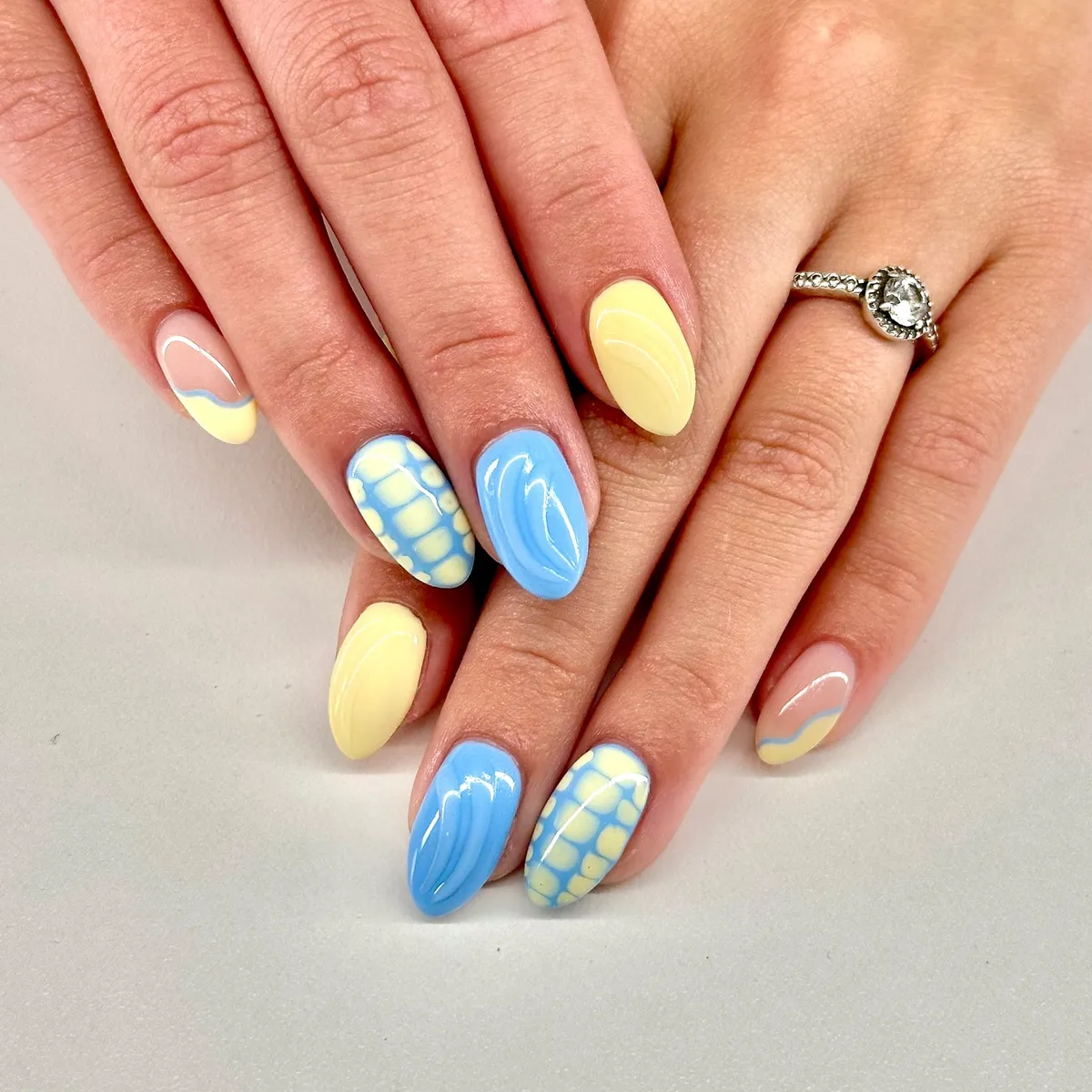 Pastel yellow with baby blue mix-and-match patterns