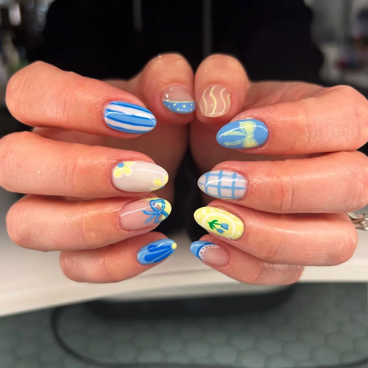 Pastel yellow accent in a blue-and-white pattern set