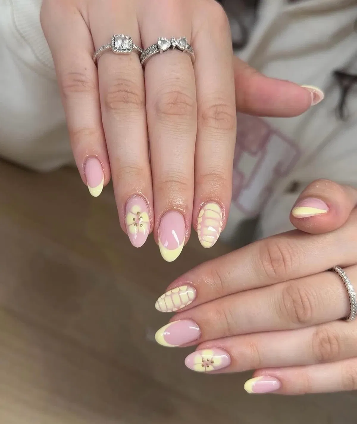 Pink Base with Pastel Yellow Tips and Grid Accents