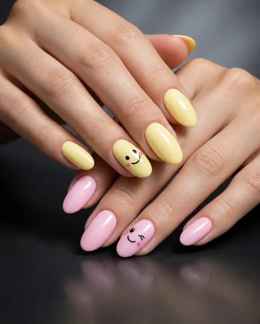 Pastel yellow and pink with cute face accents