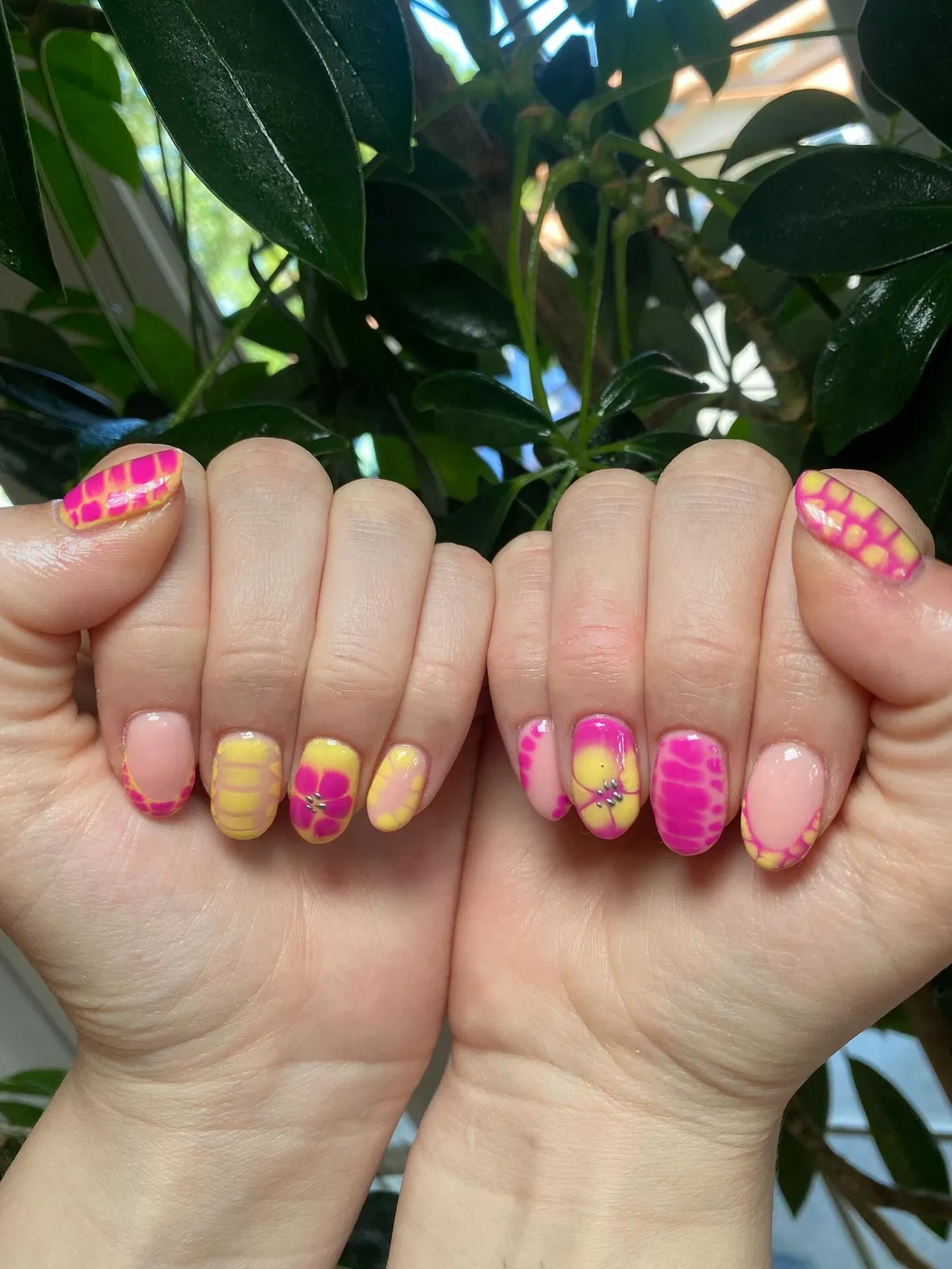 Mixed pink/yellow patterns with floral bead accent