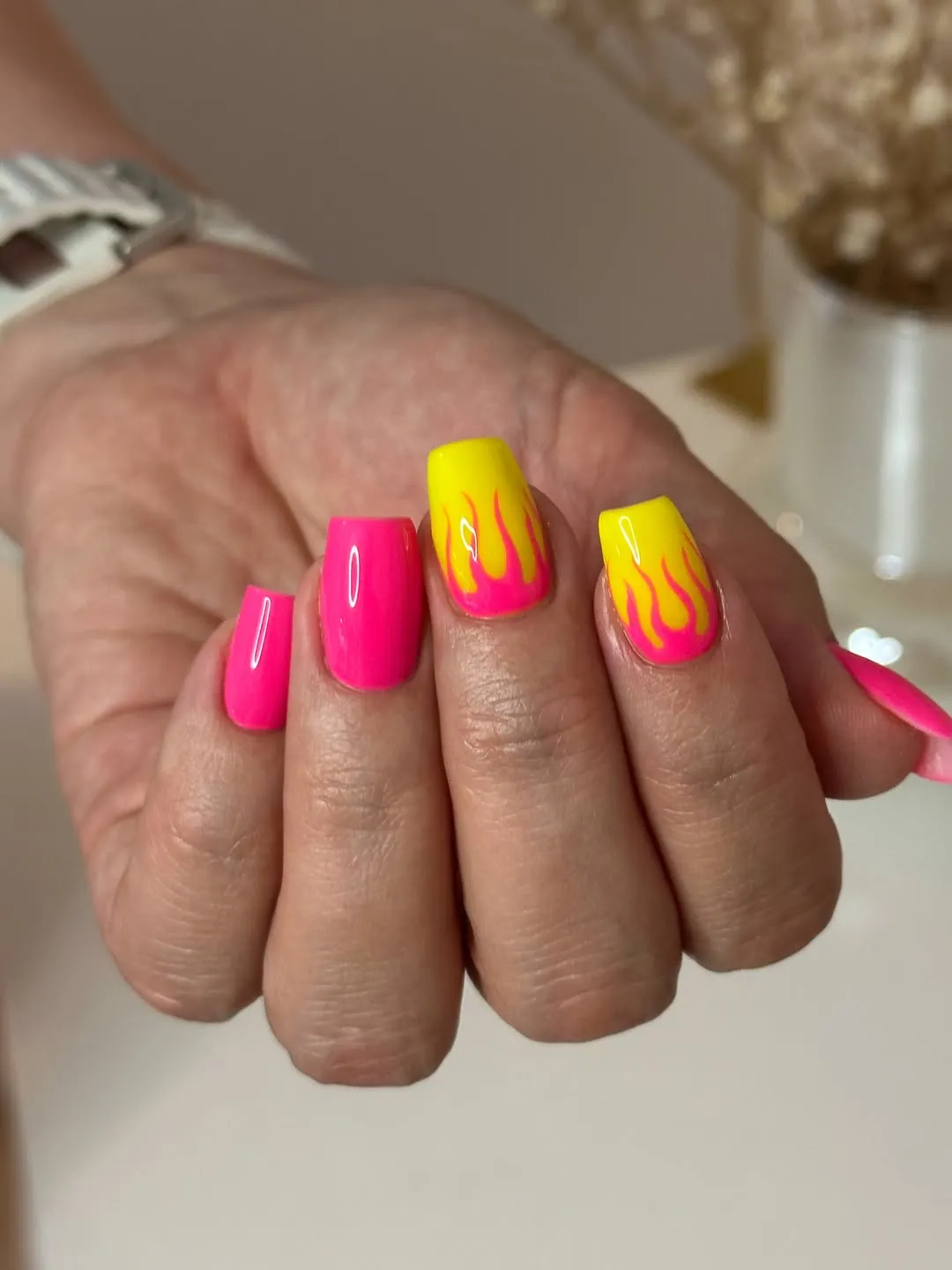 Hot pink solids with yellow flame accents