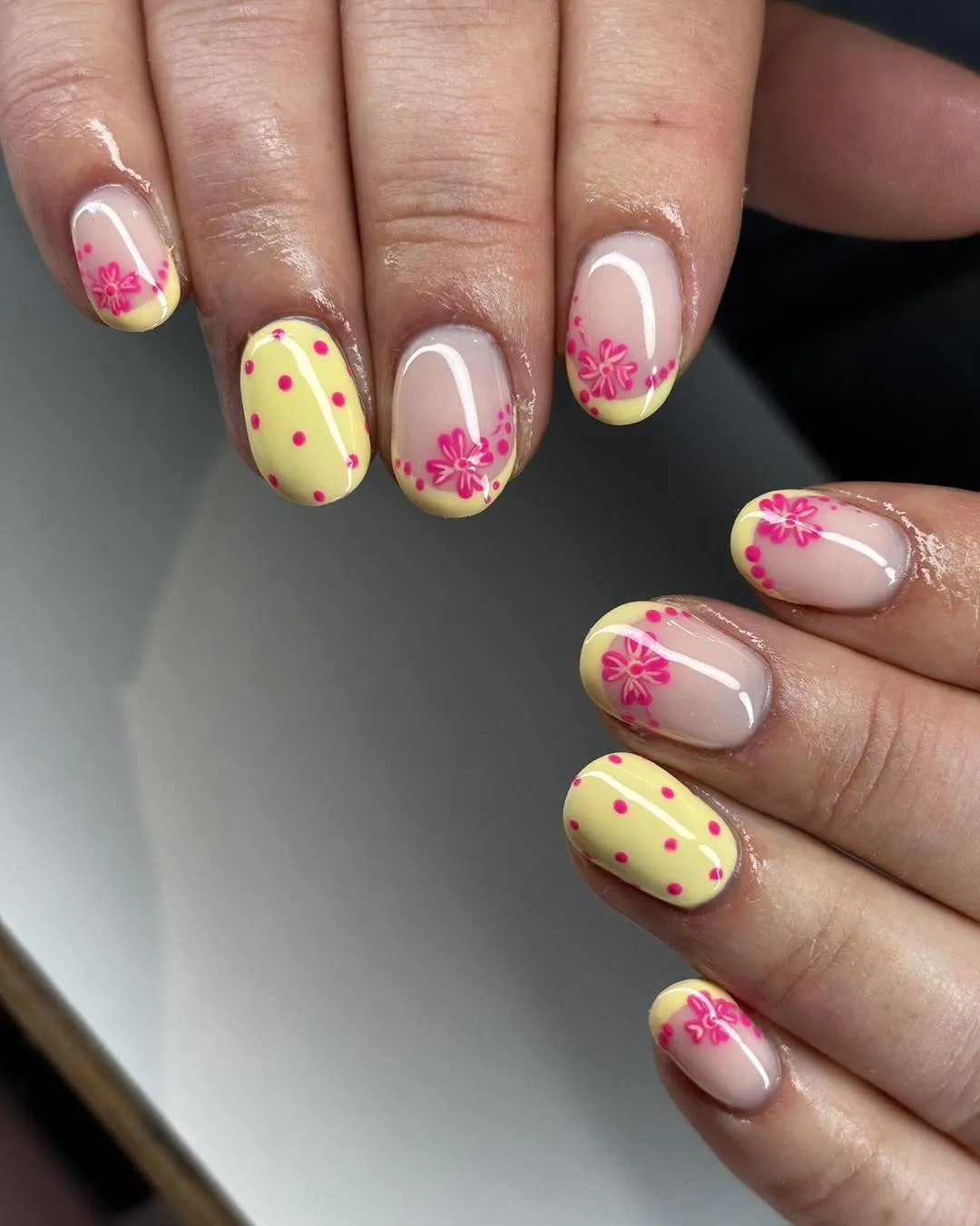Pale yellow polka dots with pink floral French accents