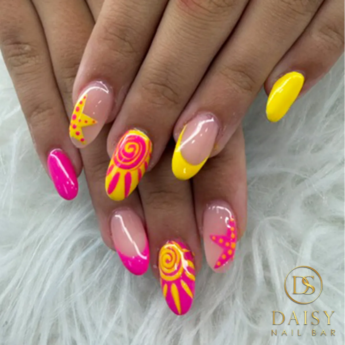 Hot pink and yellow graphics with spiral and dotted star accents
