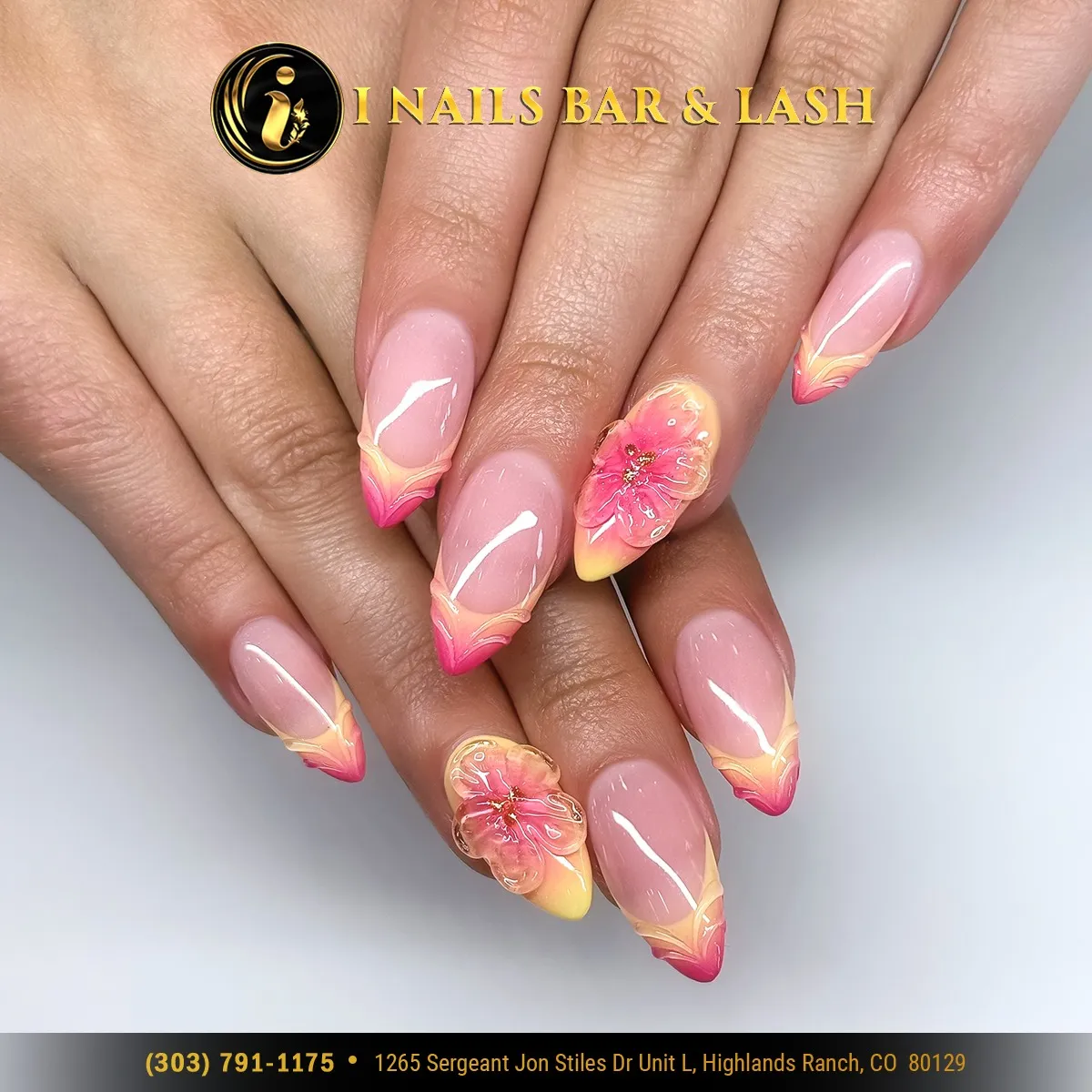 Pink base with yellow-pink gradient tips and 3D flower accents