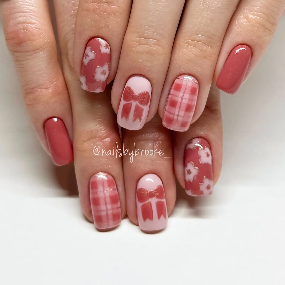 Dusty rose solids with bow, plaid, and floral accents