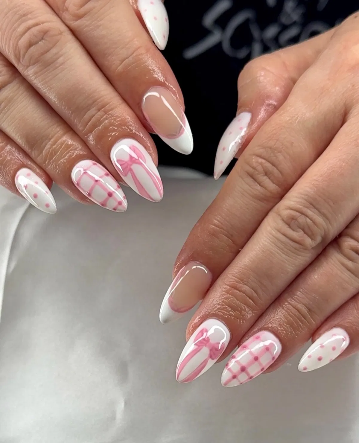 French tips with pink plaid and bow accents