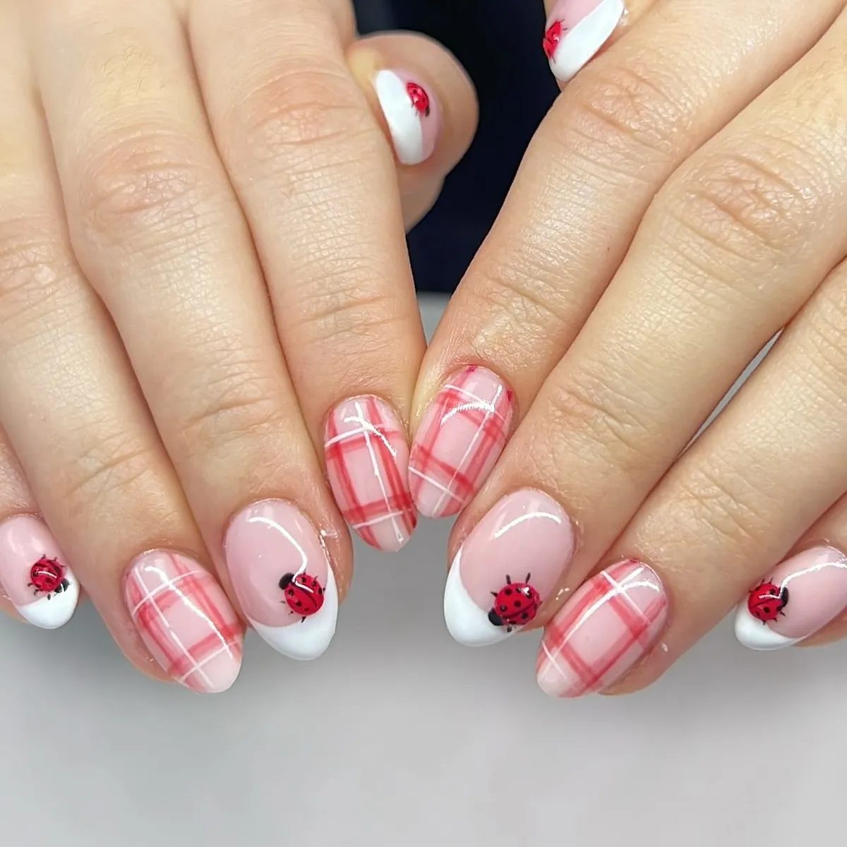 Pink plaid with ladybug French tips