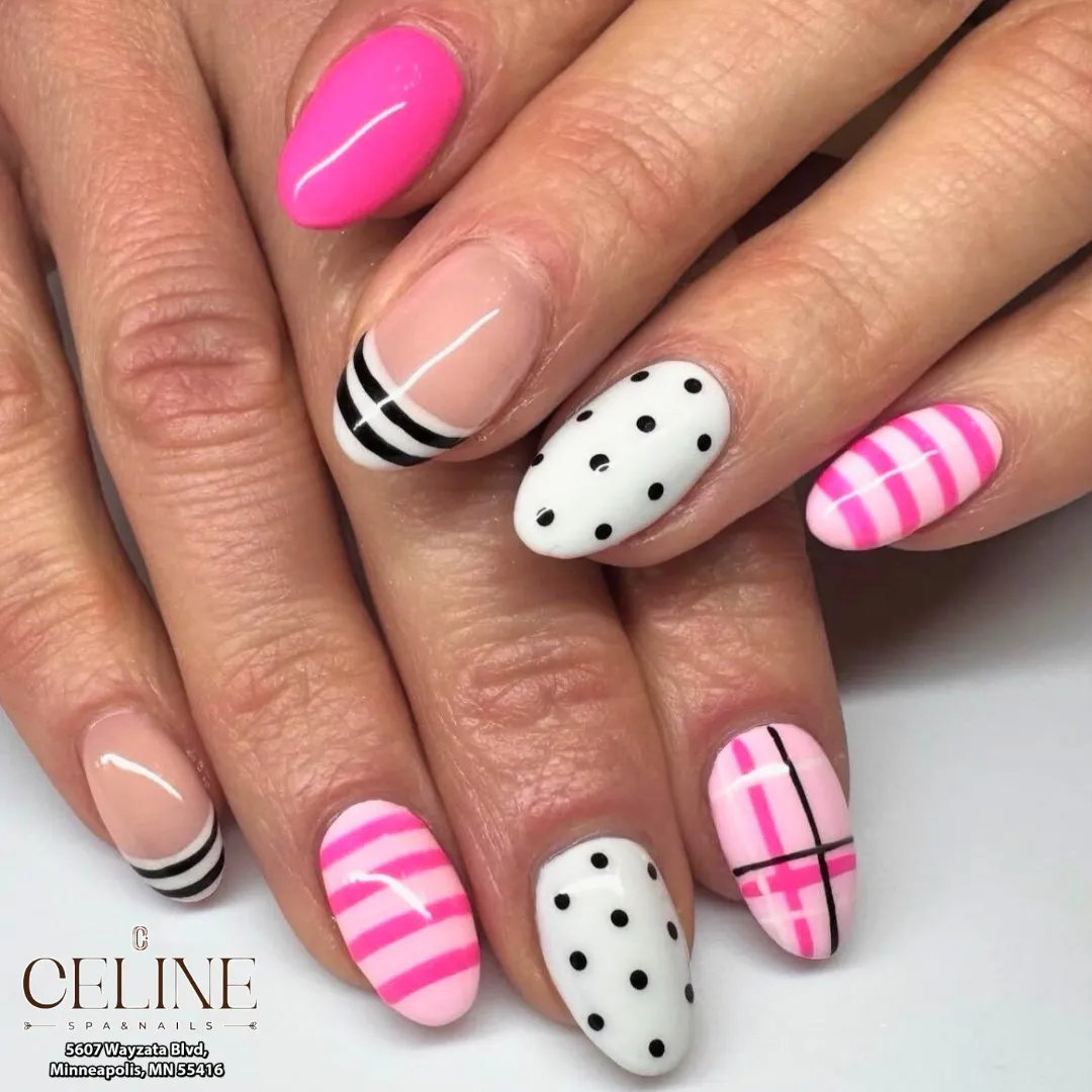 Graphic pink mix with plaid, stripes, dots, and black accents