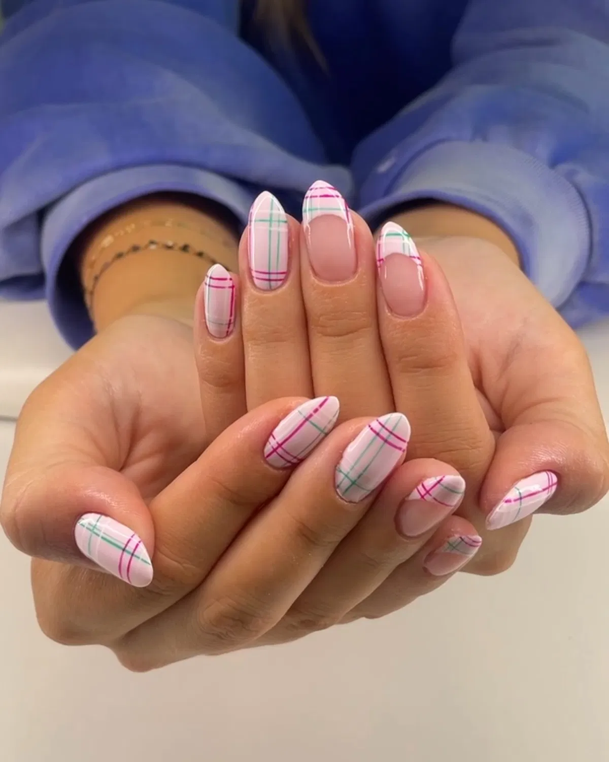 Plaid French tips with pink and green lines