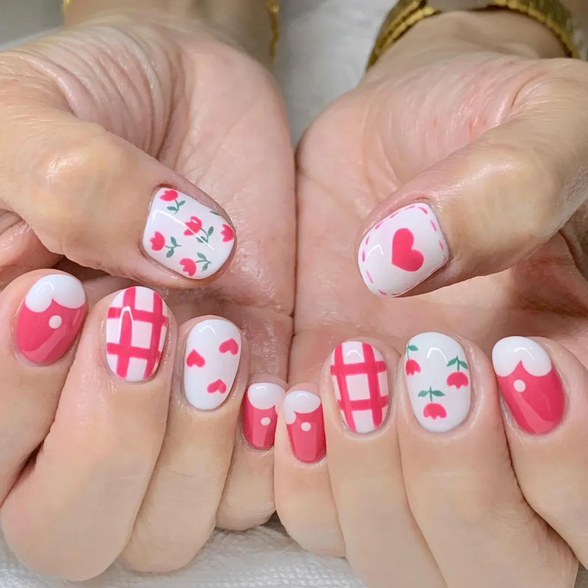 Short glossy pink plaid with hearts and tiny florals