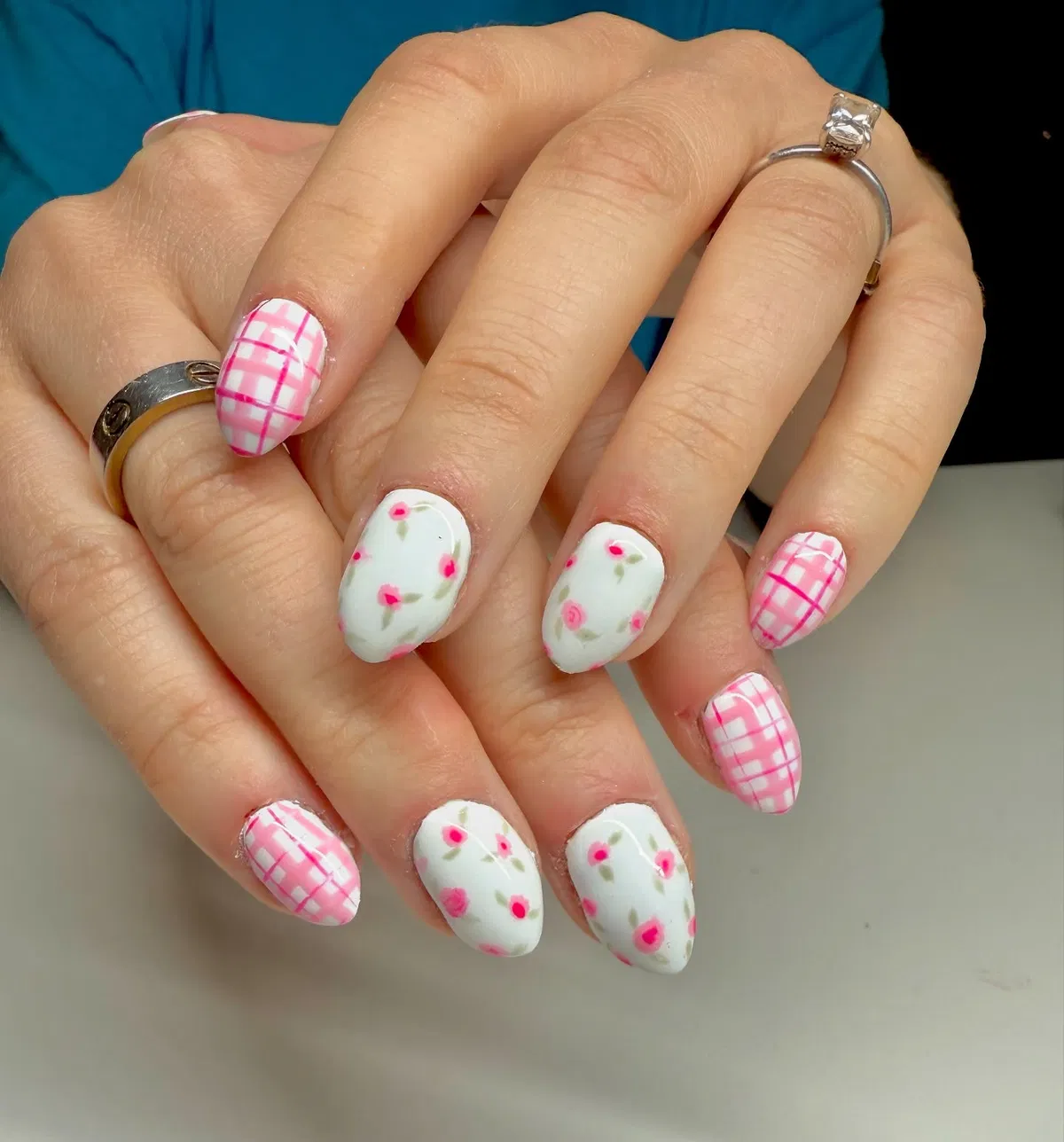 Pink plaid paired with tiny pink florals on white