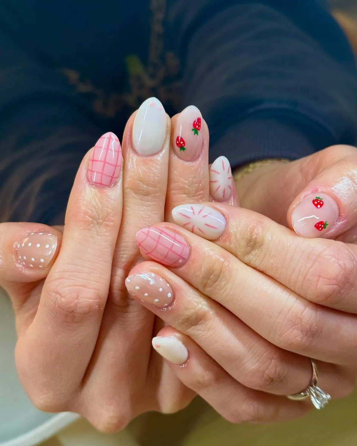 Mixed pink plaid with strawberries, dots, and starburst lines