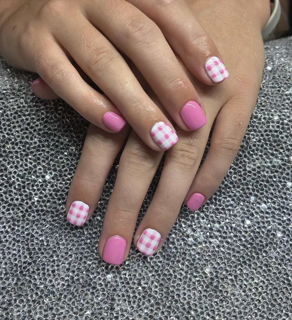 Short pink solids with pink-and-white checkered accents