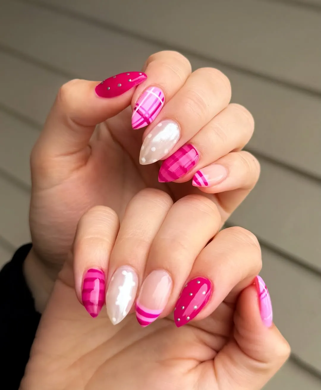 Long pink plaid mix with studs and polka dots