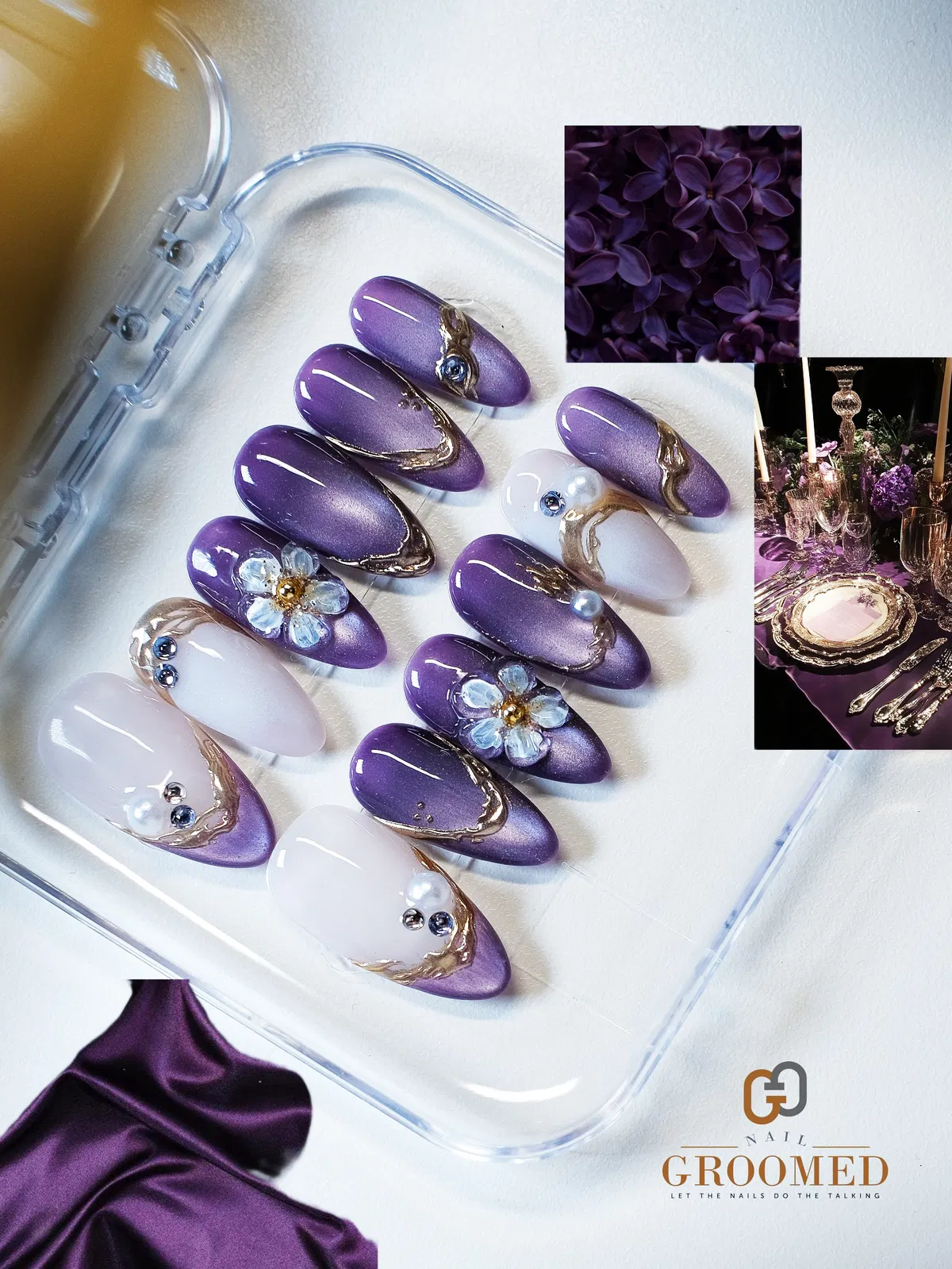 Purple-and-white nail set with gold waves, pearls, and blue-gem florals