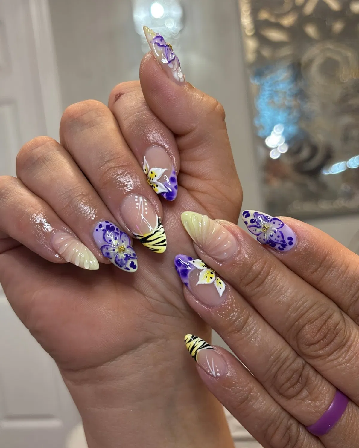 Purple florals with yellow tips and black striping