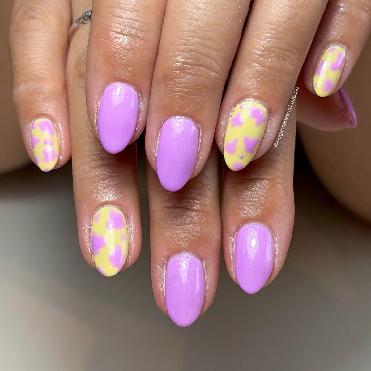 Lavender solids with yellow-and-lavender blotches