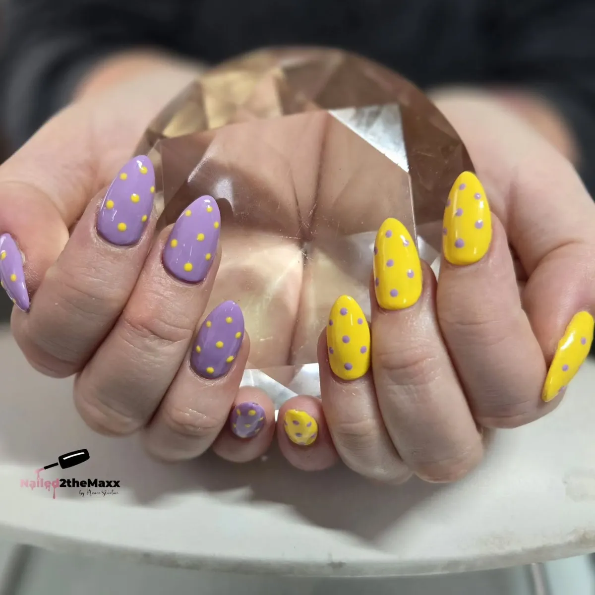 Alternating purple and yellow polka-dot set